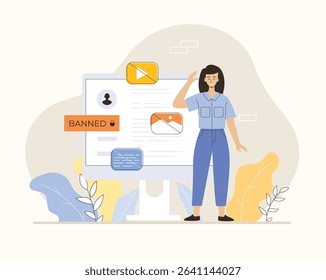 Blocking, banned user account on social media. Error, access is denied. Account safety and secure. Flat vector illustration.	
