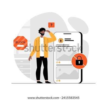 Blocking, banned user account on social media. Error, access is denied. Account safety and secure. Illustration with people scene in flat design for website and mobile development.	
