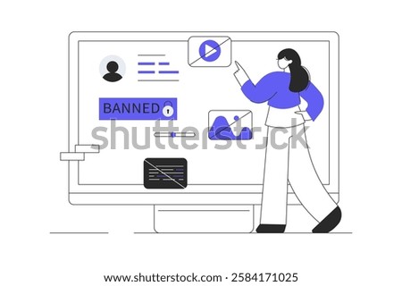 Blocking, banned user account on social media. Error, access is denied. Account safety and secure. Flat Cartoon Vector Illustration, icon. Stylish abstract 