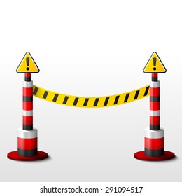 Blocking bollards with attention signs. Barrier tape and posts. Qualitative vector illustration for security, protection, enclosure, etc. It has transparency, blending modes, gradients 