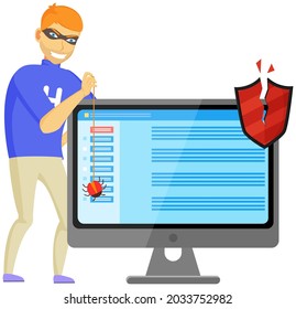 Blocking hacker attack. Hacker breaks into computer. Cyber attacker trying to hack computer. Breaking system, virus, cracking software, cartoon vector isolated. Hacking PC protection system