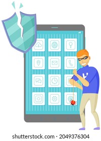 Blocking hacker attack. Hacker breaks into smartphone. Cyber attacker trying to hack mobile device. Breaking phone, cracking apps, cartoon vector isolated. Hacking, protection system break down