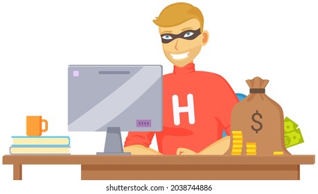 Blocking hacker attack to personal account. Hacker breaks into computer. Cyber attacker trying to hack computer. Breaking system, virus, cracking software. Man is hacking PC protection system