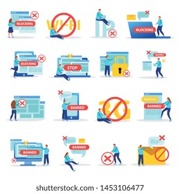 Blocking internet sites banning abusive messages users devices ip addresses symbols flat icons collection isolated vector illustration     