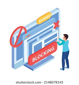 Bloquear sitios de Internet prohibidos Icono isométrico de usuario bloqueado en fondo blanco Ilustración vectorial 3d