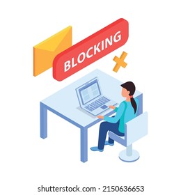 Blocking internet websites isometric icon with human character text 3d symbols vector illustration
