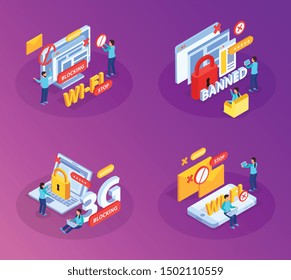 Blocking internet websites users devices from wifi network concept 4 isometric compositions with lock symbols vector illustration 