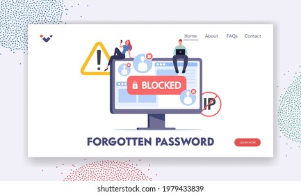 Blocking or Ransomware Activity Security Landing Page Template. Tiny Characters Sitting on Huge Computer Monitor with Blocked Account on Screen, Cyber Attack. Cartoon People Vector Illustration
