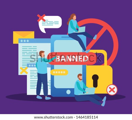 Blocking social media internet users for content flat composition with smartphone lock banned messages bubbles vector illustration   