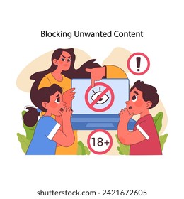 Blocking unwanted content concept. Vigilant parent teaching little boy and girl to avoid inappropriate online material. Promoting safe digital environment for children. Flat vector illustration svg