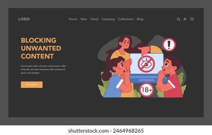 Blocking unwanted content concept. Vigilant parent teaching little boy and girl to avoid inappropriate online material. Promoting safe digital environment for children. Flat vector illustration