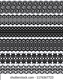 Blockprint wide lace borders set Black Design Elements Isolated on white Background Seamless pattern suitable for laser cutting paper or wood to create wedding invitation and card. Vector illustration