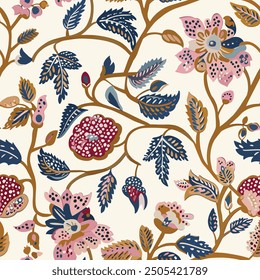 Blockgedruckter Stil eines nahtlosen indischen Blumenmusters kalamkari muhgal art. Mystische Mogul-Blüten: Eine Fusion von indischen und orientalischen ornamentalen nahtlosen Mustern. 04