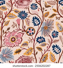 Block-printed style of a seamless indian floral pattern kalamkari muhgal art. Mystical Mughal Blooms: A Fusion of Indian and Oriental Ornamental Seamless Patterns. 05. Hand-drawn Indian art