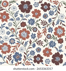 Bloco-impresso estilo de um padrão floral indiano sem costura kalamkari muhgal arte. Místico Mughal Blooms: marrom com azul outono floral oriental Ornamental sem emenda Padrões no fundo branco. 