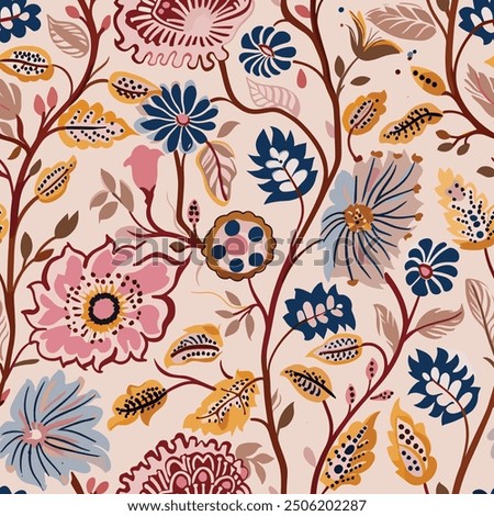 Block-printed style of a seamless indian floral pattern kalamkari muhgal art. Mystical Mughal Blooms: A Fusion of Indian and Oriental Ornamental Seamless Patterns. 05. Hand-drawn Indian art