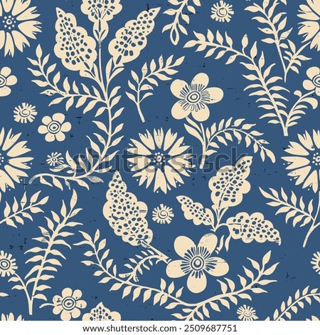 Block-printed style of a seamless indian floral pattern kalamkari muhgal art. Mystical Mughal Blooms: A Fusion of Indian and Oriental Ornamental Seamless Patterns. Blue Toile de Jouy. 09