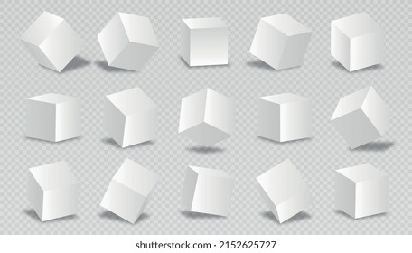 Blocks 3d modeling white. Collection of geometric shapes, set of graphic elements for website, cubes at different angles. Isometric realistic vector illustrations isolated on transparent backgrond