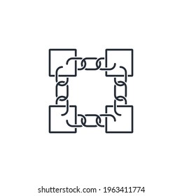 Blocks connected by a chain. Blockchain technology . Vector Linear Icon Isolated on White Background.