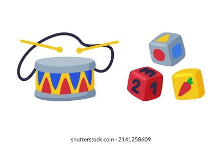 Blocks or Cubes and Drum with Sticks as Colorful Kids Toy Vector Set