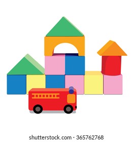 blocks with fire truck, vector illustration isolated on white background