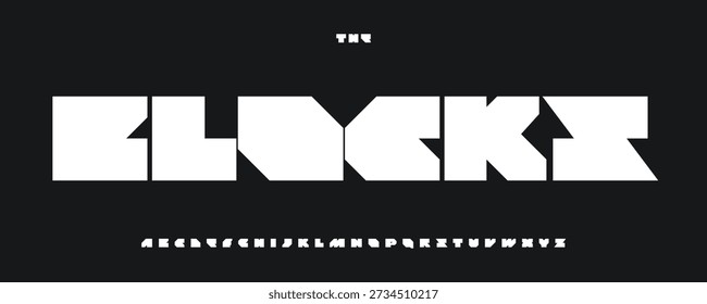 Blocks Font Logo Alphabet Thick Letter Set Modern Typography, Geometry Typographic Design Fat Title Text, EDM Typo Poster Headline, Digital Techno Logotype, Bold Sans Serif Fonts. Vector Typeface