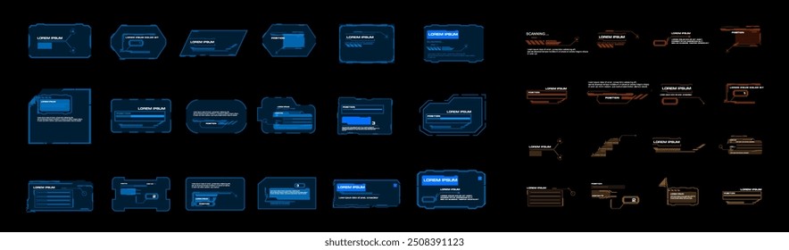 Blocos e quadros. Vetor grande definido com quadros e ponteiros. Modernos quadros e janelas tecnológicas para a interface de usuário HUD. Janelas de texto com informações e dados. Modelos de vetor com quadros