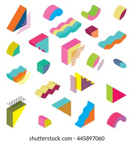 blocks isometric Color Design elements in the Memphis style