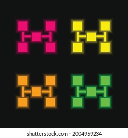Blocks Scheme Of Five Squares four color glowing neon vector icon