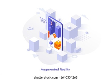 Blocks seen through smartphone. Concept of mobile application for augmented reality, structures displayed with additional information and indicators. Modern colorful isometric vector illustration.