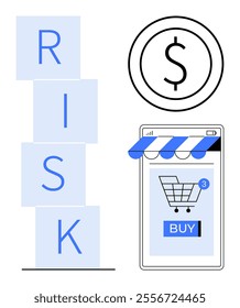 Blocks spelling RISK beside a dollar symbol and an online shopping cart on a mobile screen. Ideal for finance risk decision-making e-commerce shopping economic growth business understanding