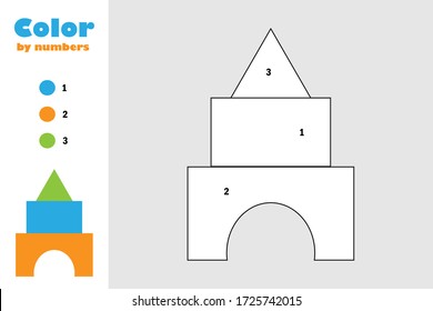 Blocks toy in cartoon style, color by number, education paper game for the development of children, coloring page, kids preschool activity, printable worksheet, vector illustration