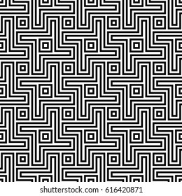 Blocks wallpaper. Repeated black figures abstract on white background. Seamless surface pattern design with polygons. Mosaic motif. Digital paper for page fills, web designing. Vector art illustration