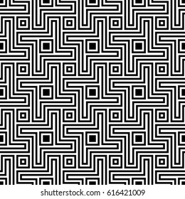 Blocks wallpaper. Repeated black figures abstract on white background. Seamless surface pattern design with polygons. Mosaic motif.