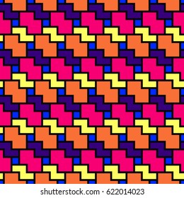 Blocks wallpaper. Repeated color figures abstract on black background. Seamless surface pattern design with polygons. Mosaic motif. Digital paper for page fills, web designing, textile print. Vector.
