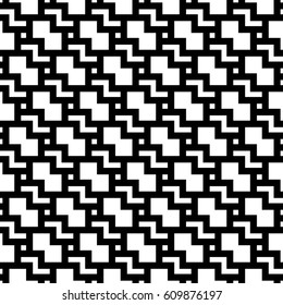 Blocks wallpaper. Repeated white figures abstract on black background. Seamless surface pattern design with polygons. Mosaic motif. Digital paper for page fills, web designing. Vector art illustration