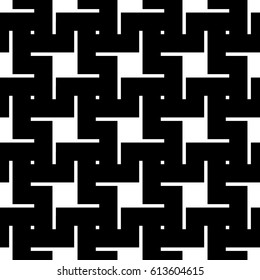 Blocks wallpaper. Repeated white figures abstract on black background. Seamless surface pattern design with polygons. Mosaic motif. Digital paper for page fills, web designing. Vector art illustration