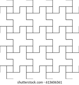 Blocks wallpaper. Repeated white figures abstract on black background. Seamless surface pattern design with polygons. Mosaic motif. Digital paper for page fills, web designing. Vector art illustration