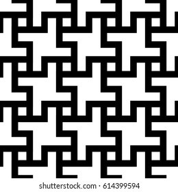 Blocks wallpaper. Repeated white figures abstract on black background. Seamless surface pattern design with polygons. Mosaic motif. Digital paper for page fills, web designing. Vector art illustration