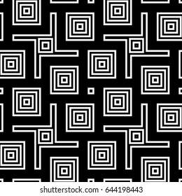 Blocks wallpaper. Repeated white figures abstract on black background. Seamless surface pattern design with polygons. Mosaic motif. Digital paper for page fills, web designing. Dog tooth vector.