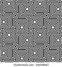 Blocks wallpaper. Repeated white figures abstract on black background. Seamless surface pattern design with polygons. Mosaic motif. Digital paper for page fills, web designing. Dog tooth vector.