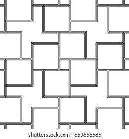 Bloquea el Fondo de pantalla. Figuras blancas repetidas abstractas sobre fondo negro. Diseño de patrón de superficie sin fisuras con polígonos. Motivo de mosaico. Papel digital para rellenos de páginas, diseño de Web. Vector de suelo.