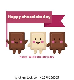 Сhocolate blocks wish happy world chocolate day. 11 july. White background. Brown and pink colors. Vector illustration.  - Vector