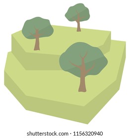 Blocky hill with trees in flat colors.
