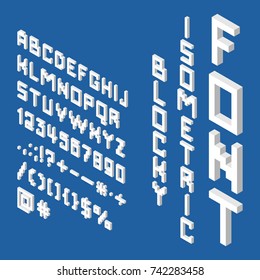 Blocky isometric white font. 3D English alphabet, letters, numbers, punctuation, mathematical marks and symbols. Flat design. EPS 8 vector illustration, no transparency, no gradients