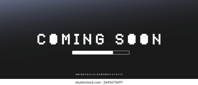 Blocky pixel font for futuristic tech banners, dark UI teasers, product countdowns, digital startup posters. Strong identity for launch visuals and sci-fi branding. Vector typeset
