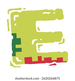 A blocky, stylized letter E with a light green main body, dark green accents, and a red base. It has a slightly rough, textured appearance.