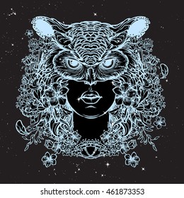 Blodeuwedd sketch isolated on a black nightsky background