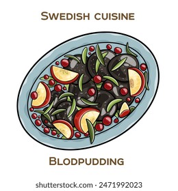 Blodpudding, also known as black pudding is a traditional Swedish dish made from a mixture of pork blood, pork fat, rye flour, and spices. Hand-drawn vector illustration