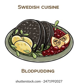 Blodpudding, also known as black pudding is a traditional Swedish dish made from a mixture of pork blood, pork fat, rye flour, and spices. Hand-drawn vector illustration